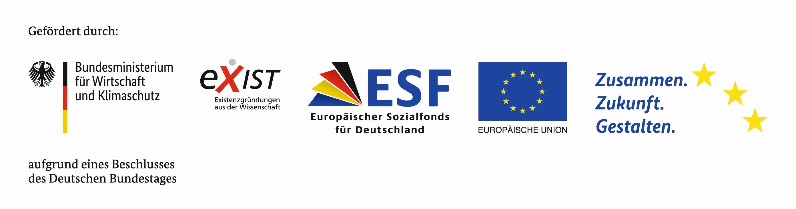 Titel ist Förderung Durch. Danach folgende Logos: Bundeswirtschaftsministerium für Wirschaft und Klimaschutz, EXIST - Existenzgründungen aus der Wirschaft, ESF - Europäischer Sozialfonds für Deutschland, Europäische Union - Zusammen Zukunf Gestalten. Als Untertitel folgt aufgrund eines Beschlusses des Deutschen Bundestages