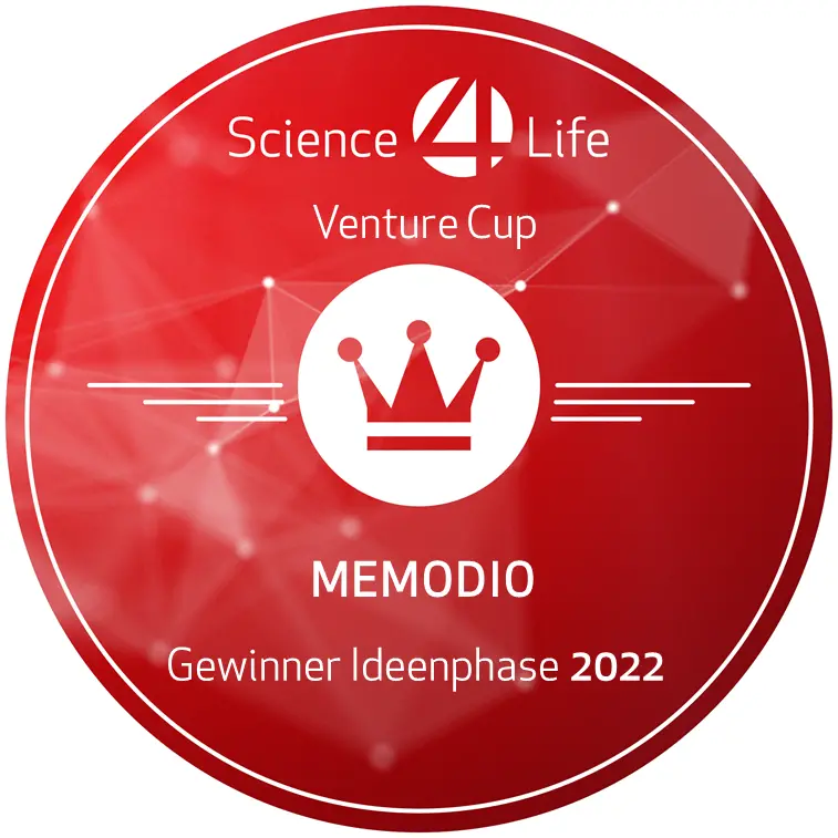 Science 4 Life Logo - Venture Cup. Untertitel ist MEMODIO Gewinner Ideenphase 2022